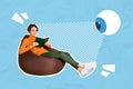 Collage photo of young interested positive charming lady sitting beanbag relax reading novelty hobby eye looking her