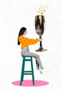 Collage photo of young lady wear dotted orange sweater hold wineglass with alcohol countdown new year sitting bar
