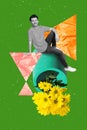 Collage photo of young optimistic guy sitting garden fresh daisy flowers march international woman day gifts isolated on