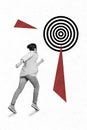 Collage photo of young student guy business owner run for target darts goal financial goal run isolated on white color