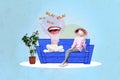 Collage photo of young two girls sitting painted blue sofa decoration speak scream good mood enjoy positive isolated on