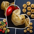 A collage of photographs of Italian pasta. Fettuccia noodles and vegetables. Photo Collage Royalty Free Stock Photo