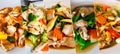 Collage from Photographs of variety Thai stir fried pork and chicken