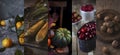 Collage of photos of autumn vegetables. Harvest of pumpkins, walnut, corn, berries, tangerines Royalty Free Stock Photo