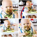 Collage photos of baby's first solid food Royalty Free Stock Photo