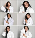 Collage with photos of beautiful young woman drying hair with towel after washing on light grey background Royalty Free Stock Photo