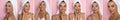 Collage with photos of beautiful young woman with towels on pink background. Banner design