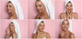 Collage with photos of beautiful young woman with towels on pink background. Banner design