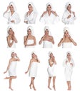 Collage with photos of beautiful young woman with towels on white background