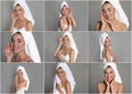 Collage with photos of beautiful young woman with towels on grey background