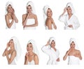 Collage with photos of beautiful young woman with towels on white background