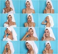 Collage with photos of beautiful young woman with towels on light blue background