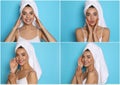 Collage with photos of beautiful young woman with towels on light blue background