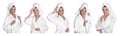 Collage with photos of beautiful young woman with towels on white background. Banner design