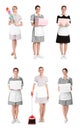 Collage with photos of chambermaids on background Royalty Free Stock Photo