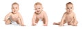 Collage with photos of cute babies crawling on background. Banner design Royalty Free Stock Photo