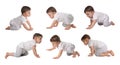 Collage with photos cute little baby crawling on white background. Banner design