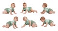 Collage with photos cute little baby crawling on white background. Banner design