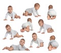 Collage with photos cute little baby crawling on white background