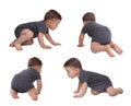 Collage with photos cute little baby crawling on white background