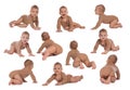 Collage with photos cute little baby crawling on white background