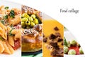 Collage from photos of different dishes. Food, pasta, pumpkin cream soup with croutons, spinach dumplings with tomato