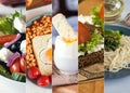 Collage from photos of different european food. Greek salad, English breakfast, scrambled eggs, sandwich, pesto pasta. Royalty Free Stock Photo