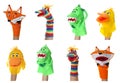 Collage with photos of different puppets for show on hands against white background Royalty Free Stock Photo