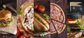 Collage of photos of fastfood. Pizza, Hamburger, Hot Dog