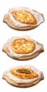 Collage of photos of fresh khachapuri pastries, cheese tortillas