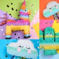 Collage with photos of funny pinatas on different color backgrounds, top view