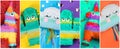 Collage with photos of funny pinatas on different color backgrounds, top view. Banner design