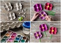 Collage of 4 photos, learning how to make flowers from recycling egg boxes. Royalty Free Stock Photo