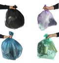 Collage with photos of men holding trash bags on white background, closeup Royalty Free Stock Photo