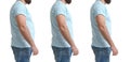 Collage with photos of overweight man before and after weight loss on background,closeup. Banner design Royalty Free Stock Photo