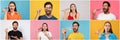 Collage with photos of people eating tasty sushi and rolls on different color backgrounds. Banner design Royalty Free Stock Photo