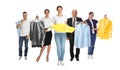 Collage with photos of people holding clothes in plastic bags on background. Dry-cleaning service