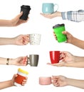 Collage with photos of people holding cups on white background, closeup