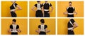 Collage with photos of people with orthopedic corsets on yellow background. Banner design Royalty Free Stock Photo