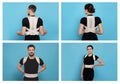 Collage with photos of people with orthopedic corsets on light blue background Royalty Free Stock Photo