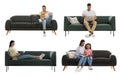 Collage with photos of people sitting on different stylish sofas against white background Royalty Free Stock Photo