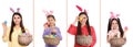 Collage photos of people wearing bunny ears headbands on white background, banner design. Happy Easter