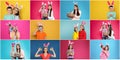 Collage photos of people wearing bunny ears headbands on different color backgrounds, banner design. Happy Easter