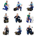 Collage with photos of plumbers on background Royalty Free Stock Photo