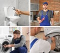 Collage with photos of professional plumbers and their tools Royalty Free Stock Photo