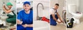 Collage with photos of professional plumbers and their tools, banner design Royalty Free Stock Photo