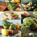 Collage of photos with tasty artichokes