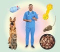 Collage with photos of veterinarian doc, pets, food and toys on background Royalty Free Stock Photo