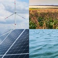 Collage with photos of water, field, solar panels and wind turbine. Alternative energy source Royalty Free Stock Photo