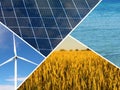 Collage with photos of water, field, solar panels and wind turbine. Alternative energy source Royalty Free Stock Photo